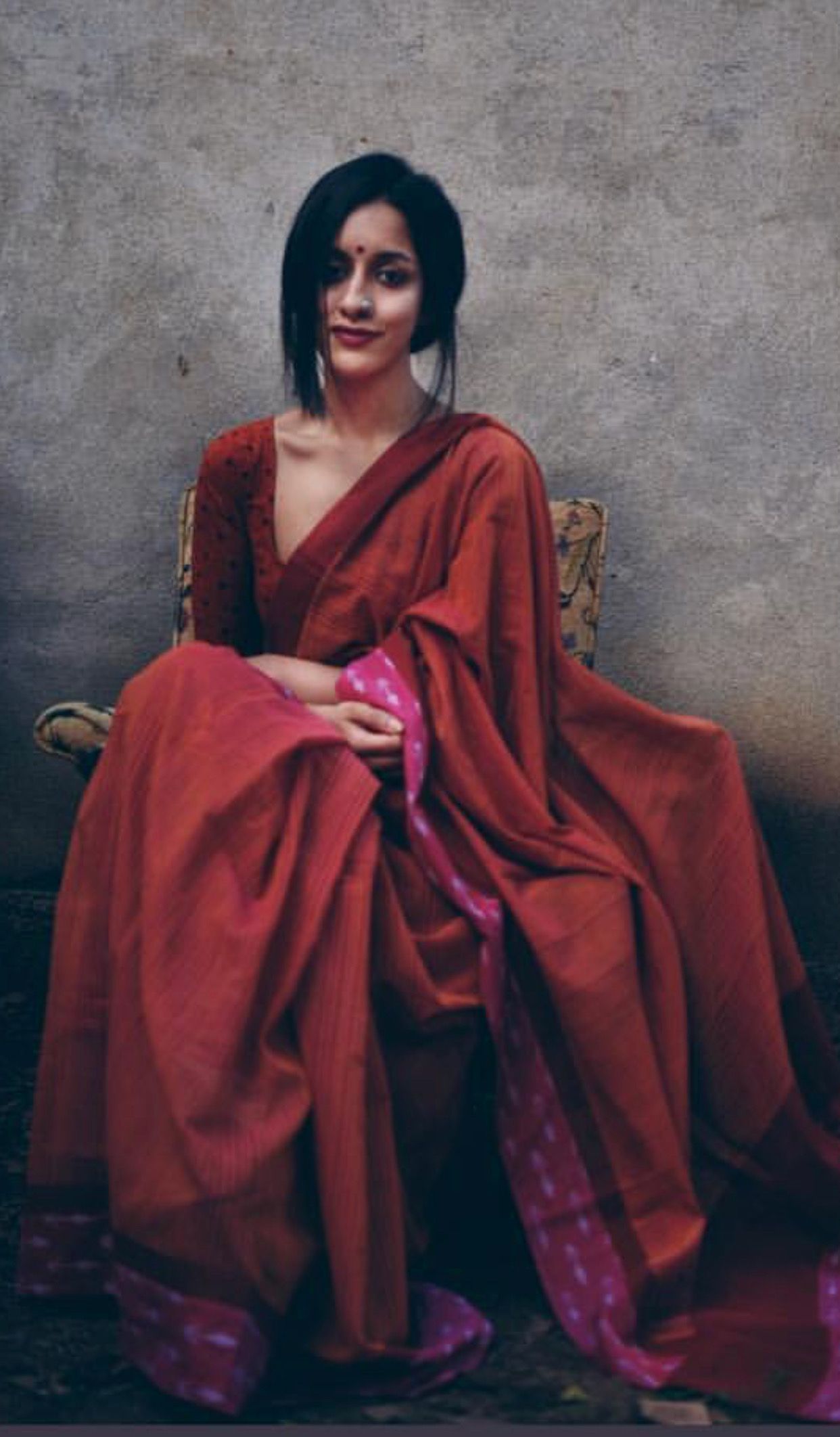 Red Handloom Bengali Saree Look