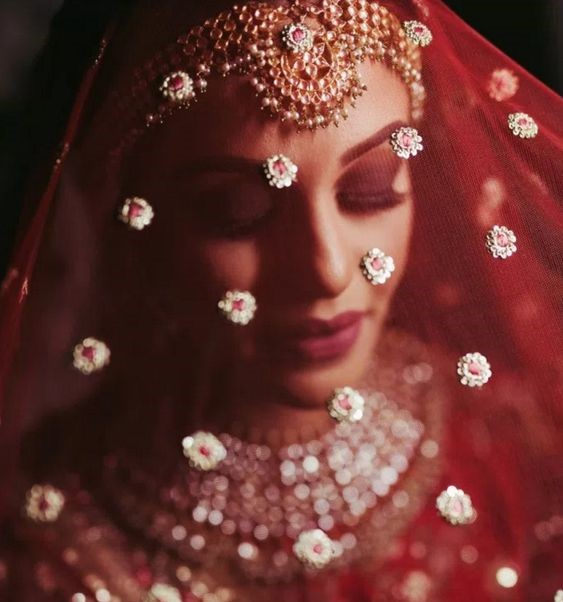 Red Dupatta with Golden Beads Wedding Veil