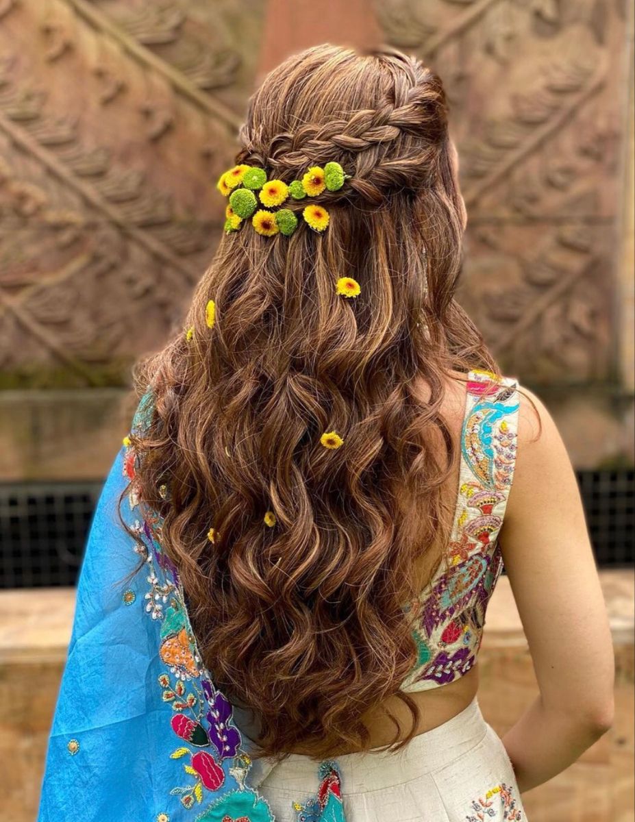 Drop Curls Modern Hairstyle for Lehenga