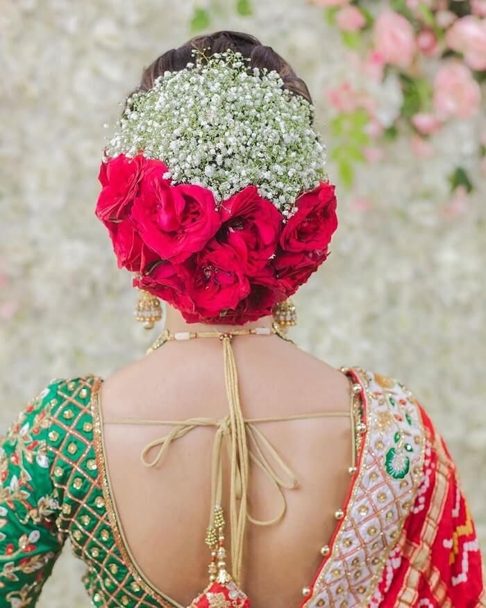 Half and Half Flowers Reception Look Bengali Hairstyle