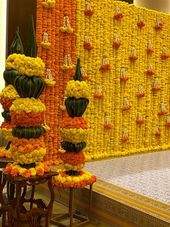 Floral Pedestal Haldi Backdrop Decoration