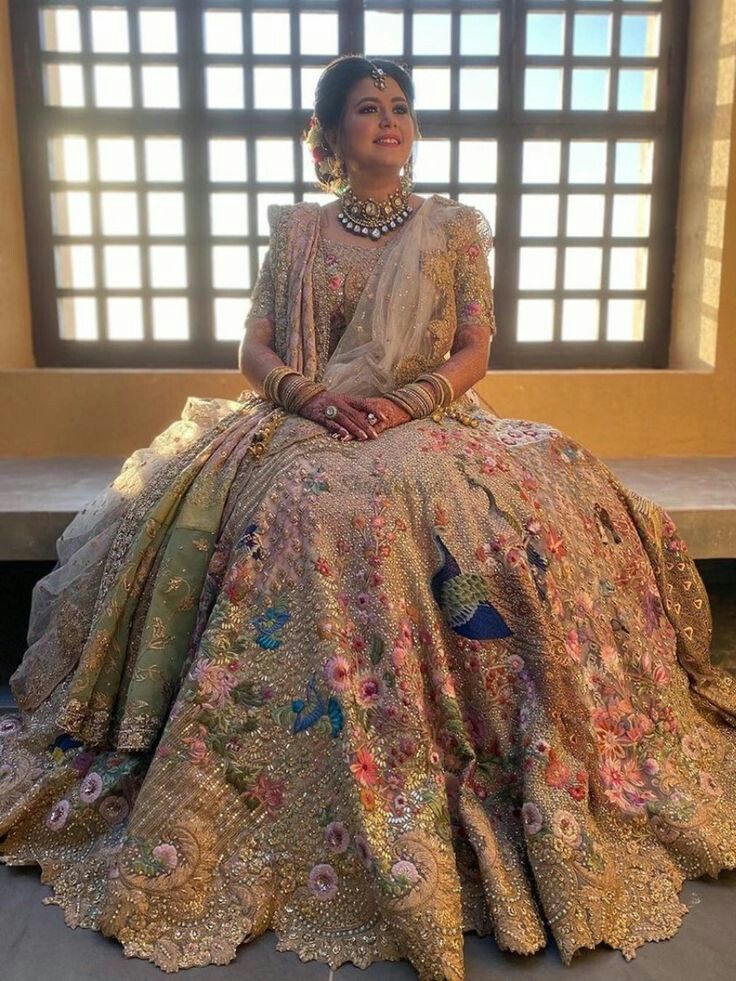 Colourful Embroidery Golden Bridal Lehenga