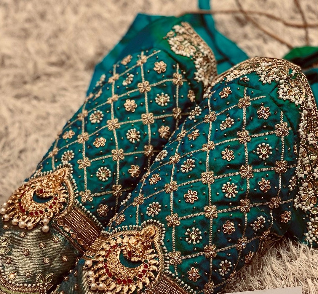 Emerald Green Temple Marriage Bridal Maggam Work Blouse Designs