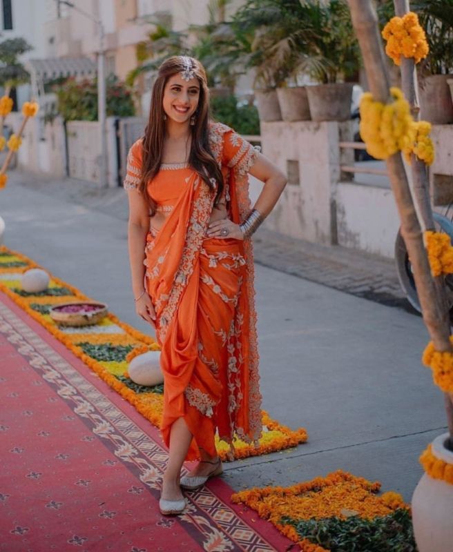 Saffron Dhoti Saree with Pashmina Work 