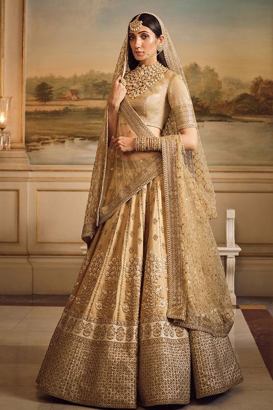 Simplistic Beige Golden Bridal Lehenga