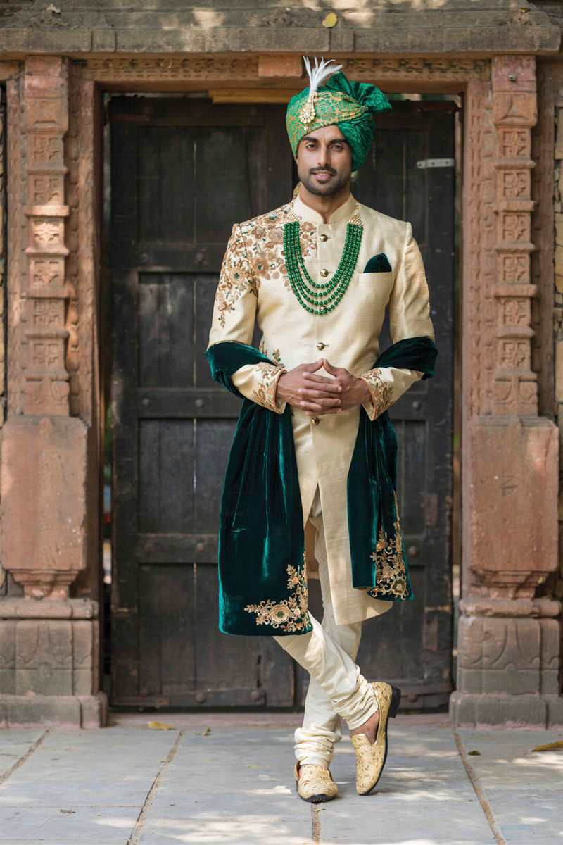 Beige Dulhe ki Sherwani with Groom’s Dupatta