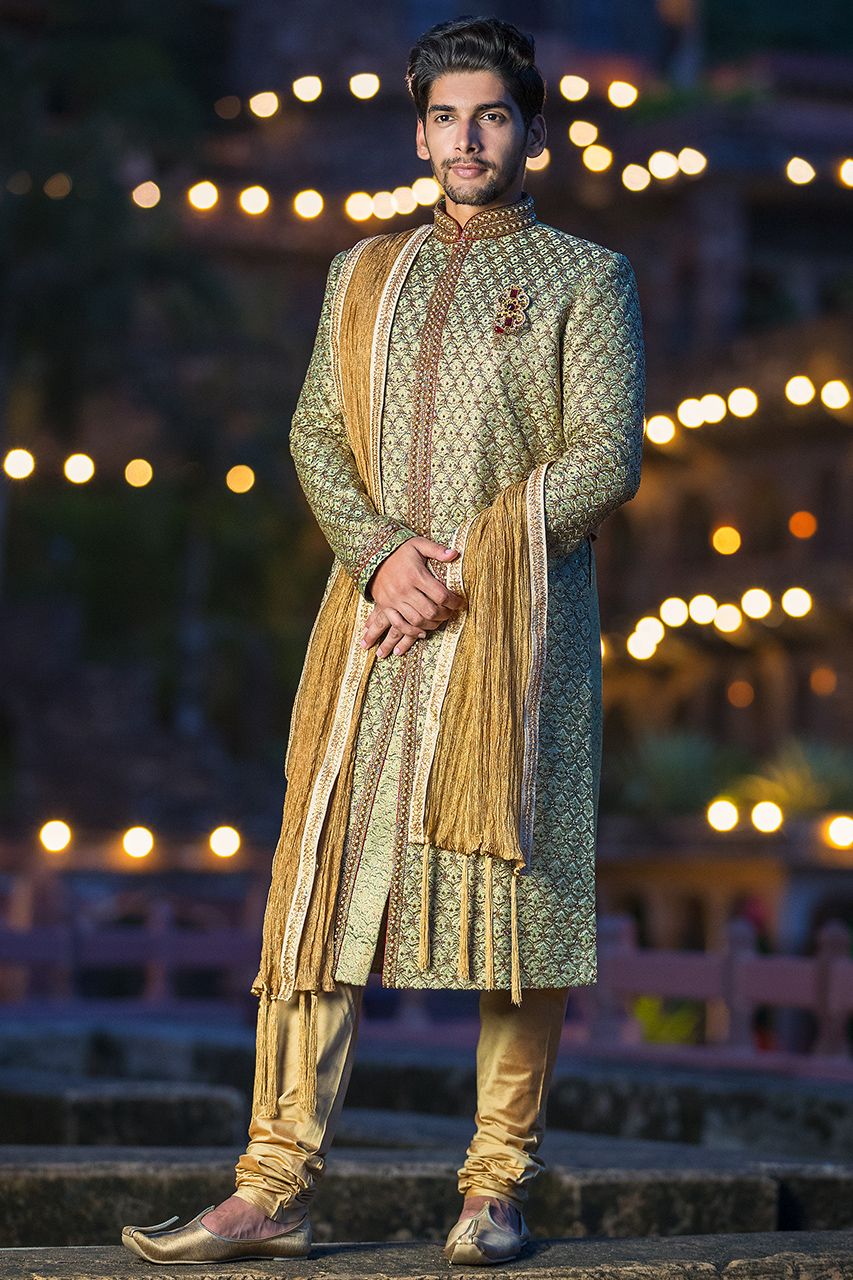 Mint Green Jamevar Work Dulhe ki Sherwani