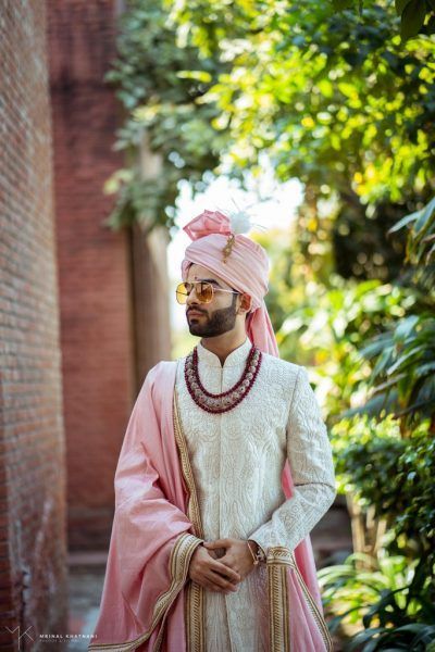 White Chikankani Dulhe ki Sherwani with Pink Shawl 