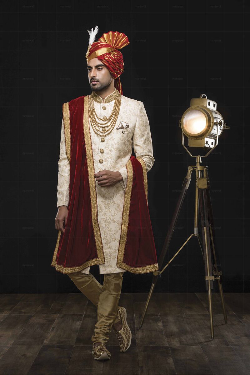 White Jodhpuri Dulhe ki Sherwani with Red Shawl