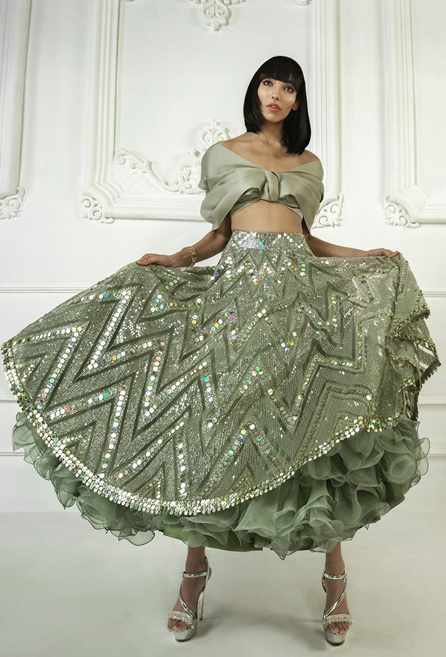 Mint Green Bow Style Crop Top Lehenga