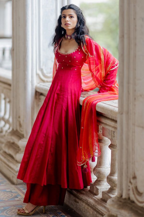 Rani Red Palazzo Anarkali Kurti with Dupatta 