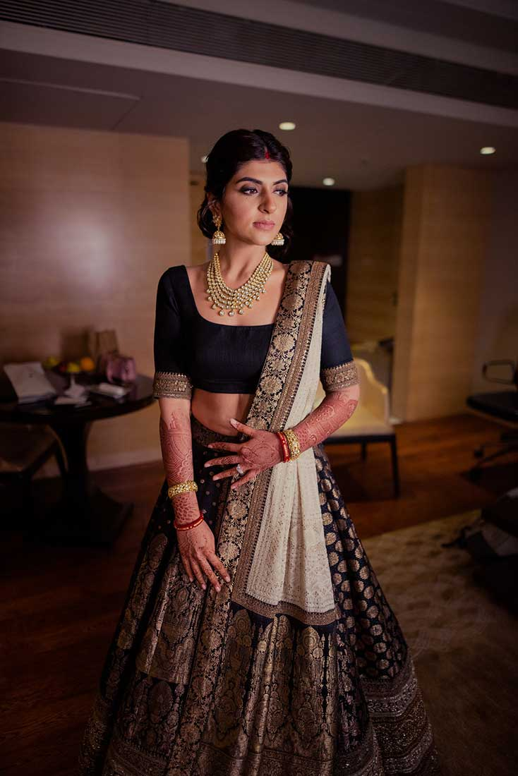 The Cold-Shoulder Orange Banarasi Bridal Lehenga