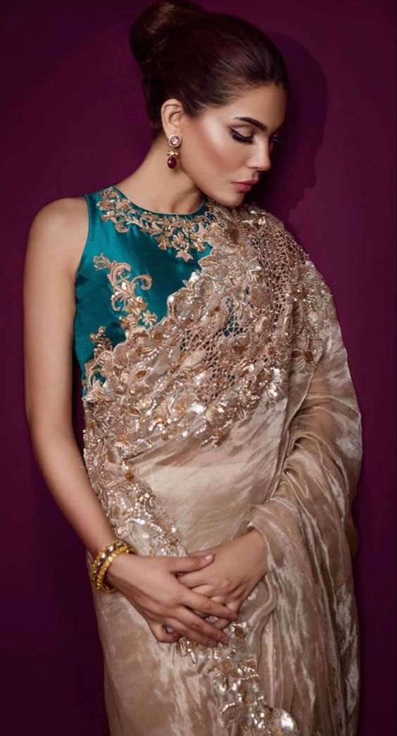 Gold Colour Sari with Sequin Embroidery 