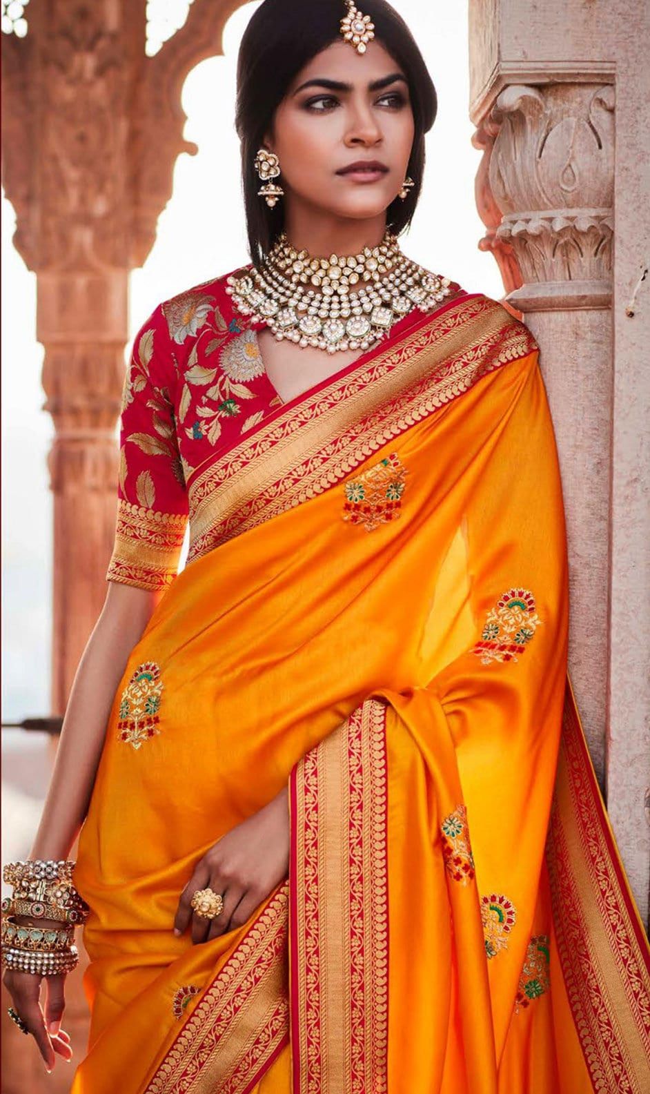 Orange Pattu Saree in Yellow 