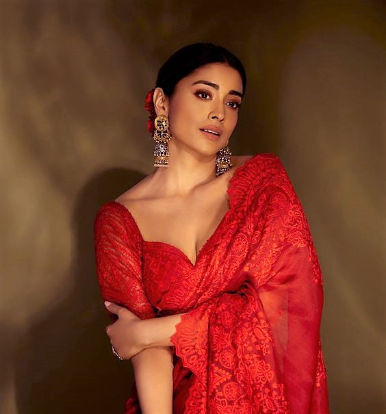 Red Saree with Net Embroidery Blouse