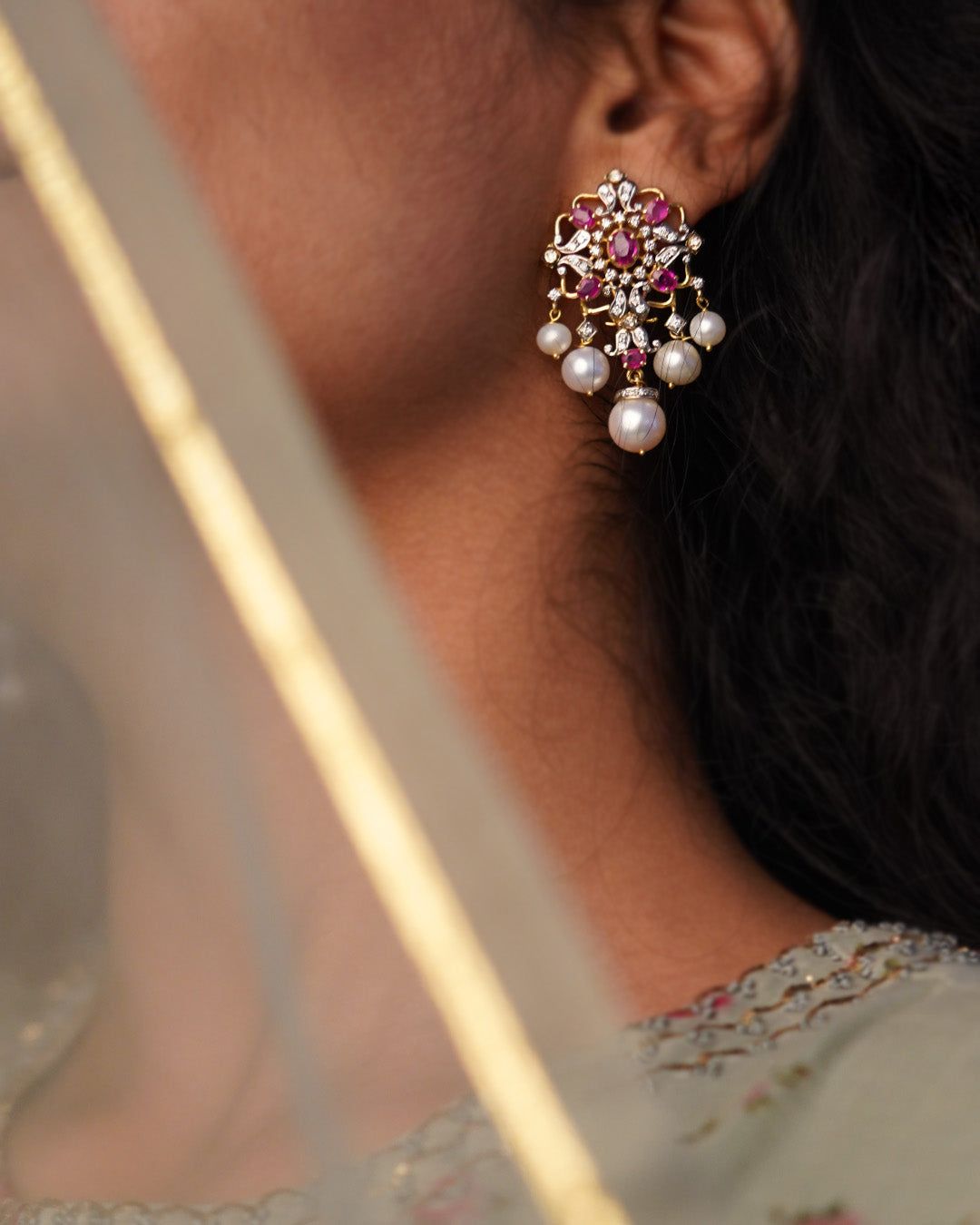 Ruby and Pearl Bridal Earrings