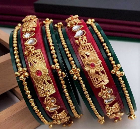 Yellow Gold Bridal Bangles with Red Bracelet