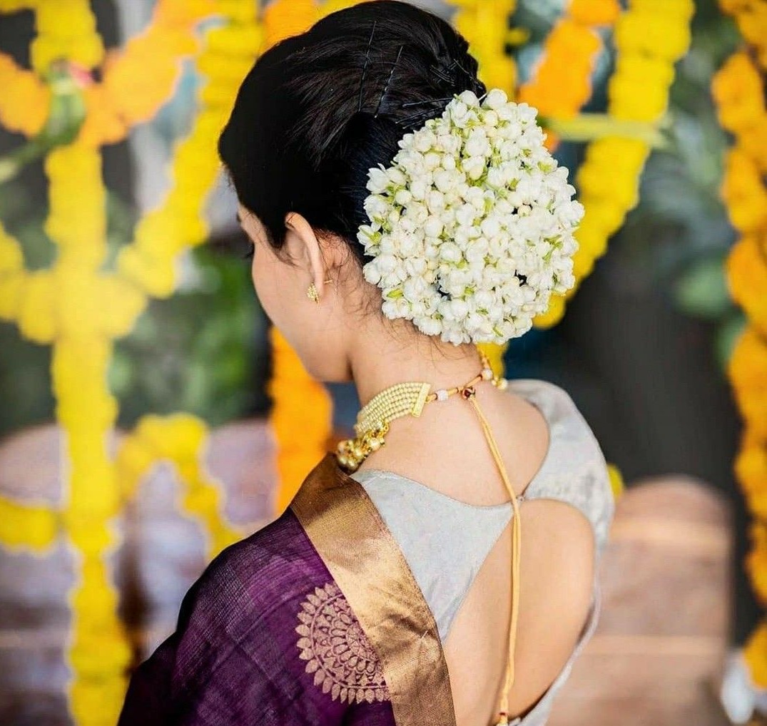 White ‘Bella’ Rose Bun for Kerala Bridal Hairstyle Backside