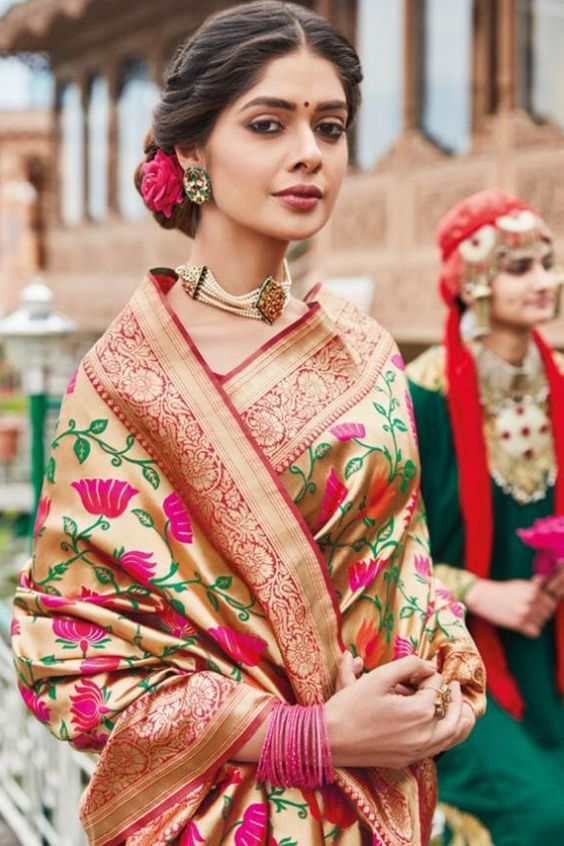 Floral Block Print Marathi Wedding Paithani Saree 