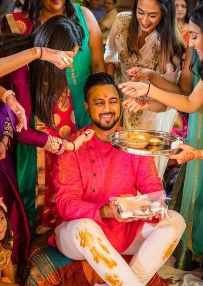 Groom in Red Kurta Gaye Holud Bengali Haldi Look