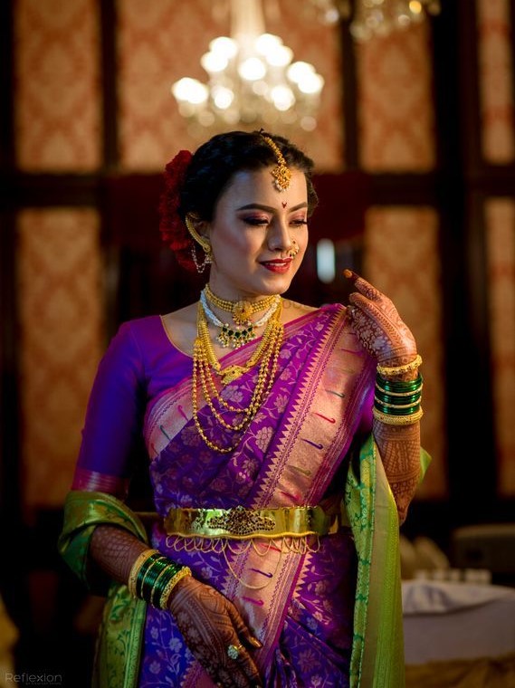 Purple Bridal Marathi Wedding Paithani Saree with Green Shawl 