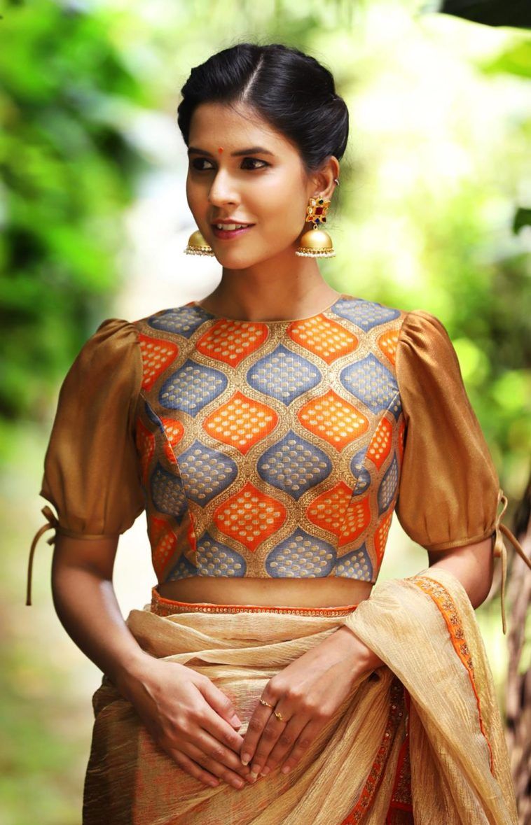 Rounded Gold Puff Sleeve Blouse with Block Prints
