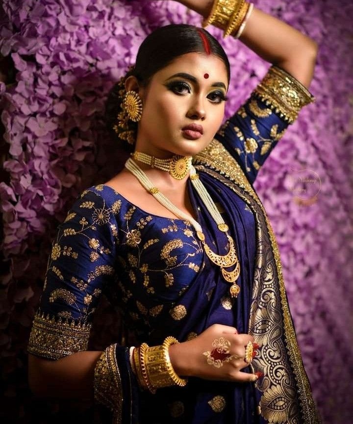 Night Blue Zardozi Benarasi Blouse Design for Bengali Wedding