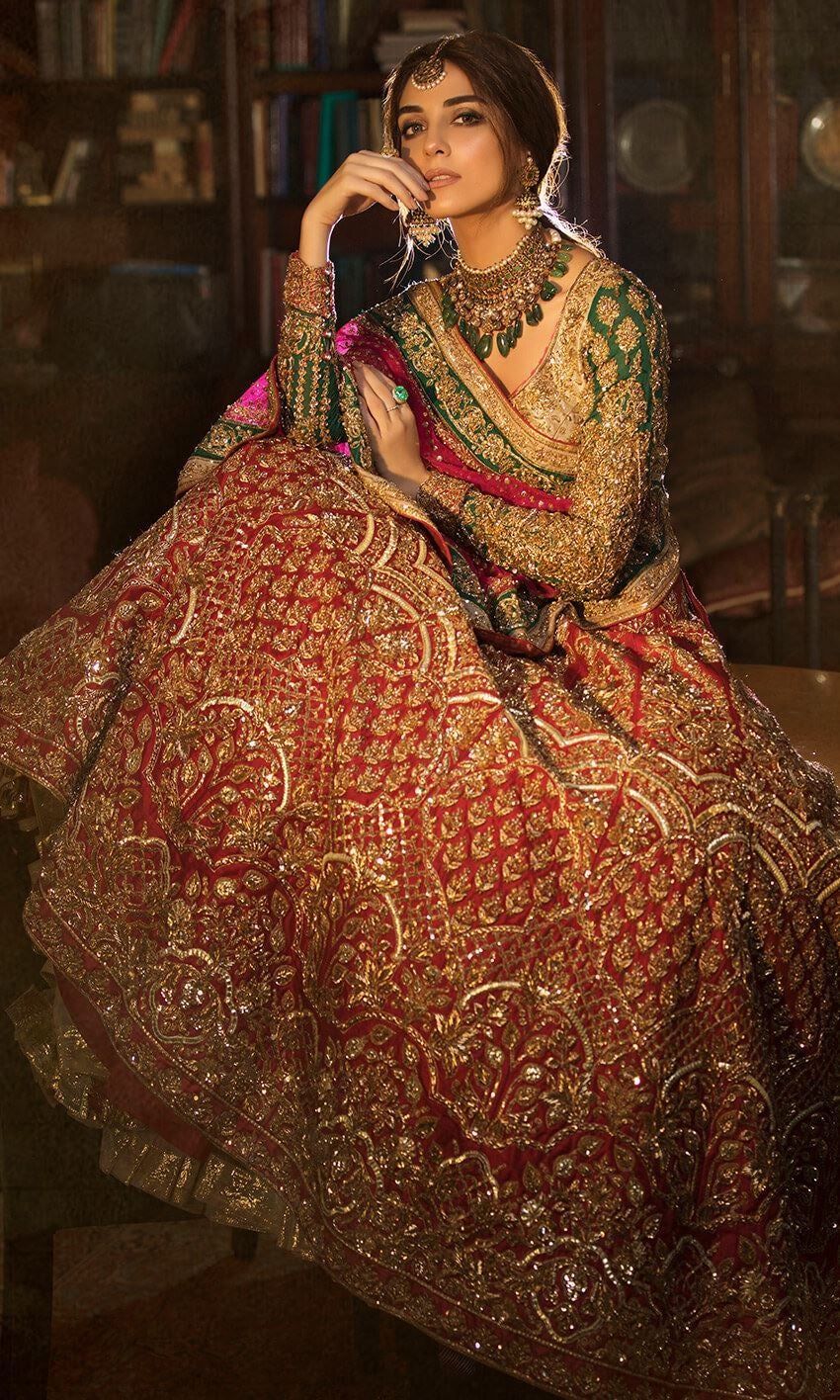 Orange Choli with Red and Green Bridal Lehenga