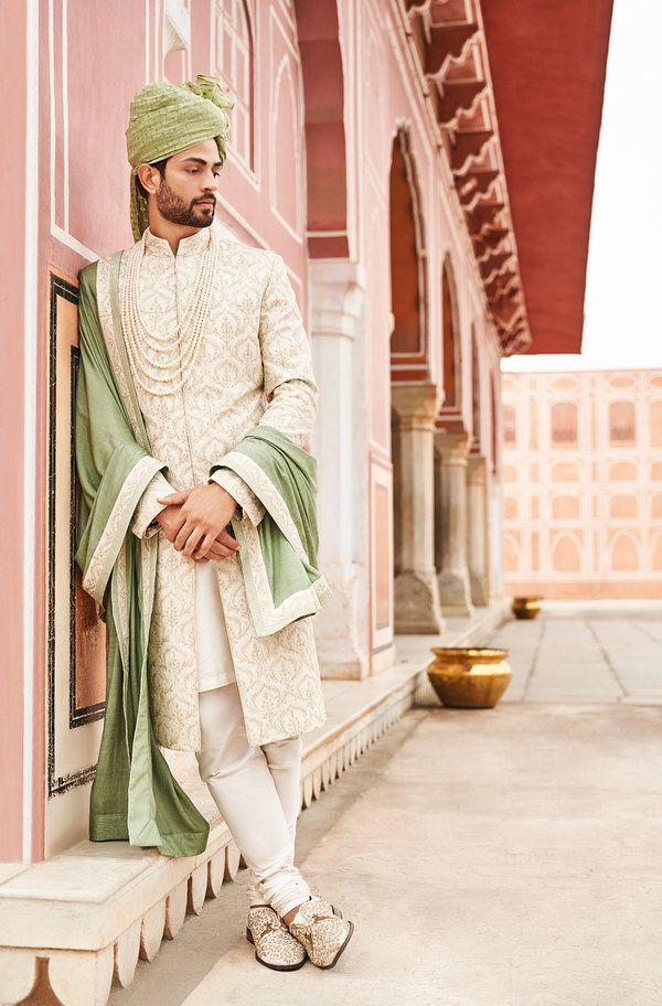 White Sherwani with Mint Green Shawl 