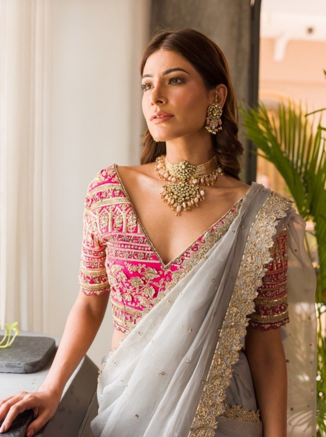 Deep V Bridal Blouse with Zari Embroidery